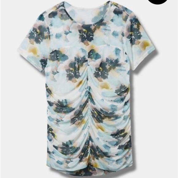 Torrid multi floral Stretch Mesh Crew Neck Ruched Top - Picture 4 of 10